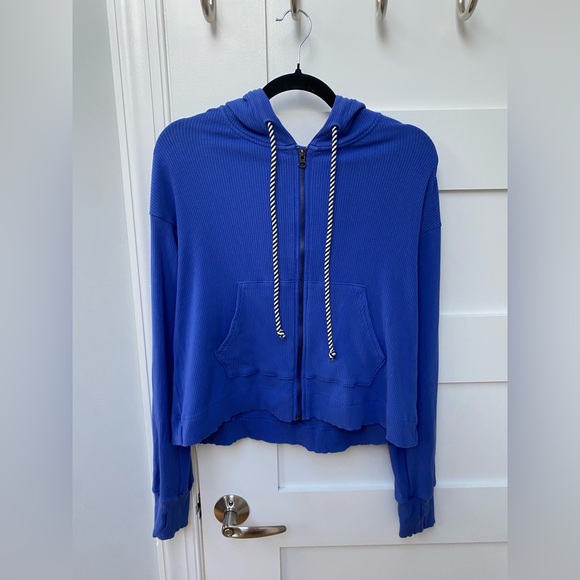 Terez blue ribbed zip up cropped hoodie - Picture 2 of 7